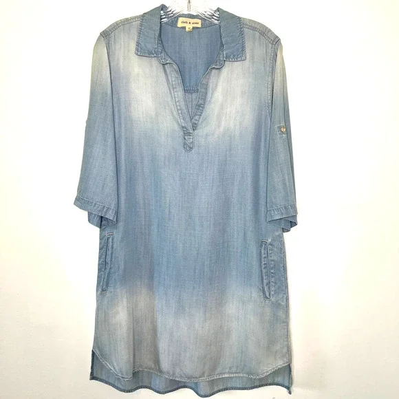 Cloth and Stone Blue Shirt Midi Dress Chambray Denim 3/4 Sleeves Collared Size M - Picture 3 of 14